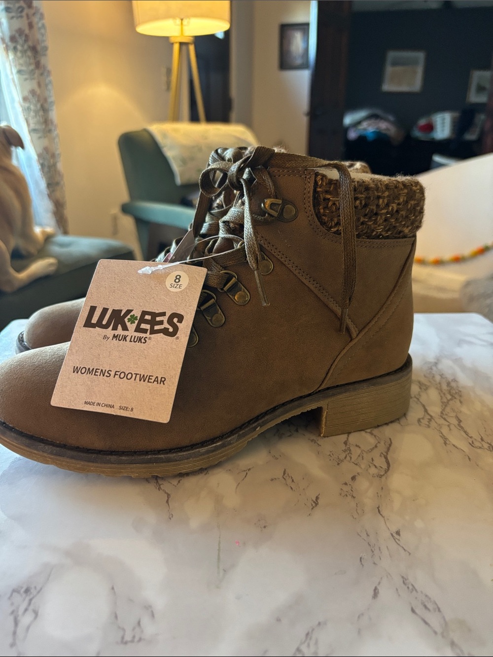 NWT Muk Luks Brown Lace-Up Knit-Cuff Ankle Boots
